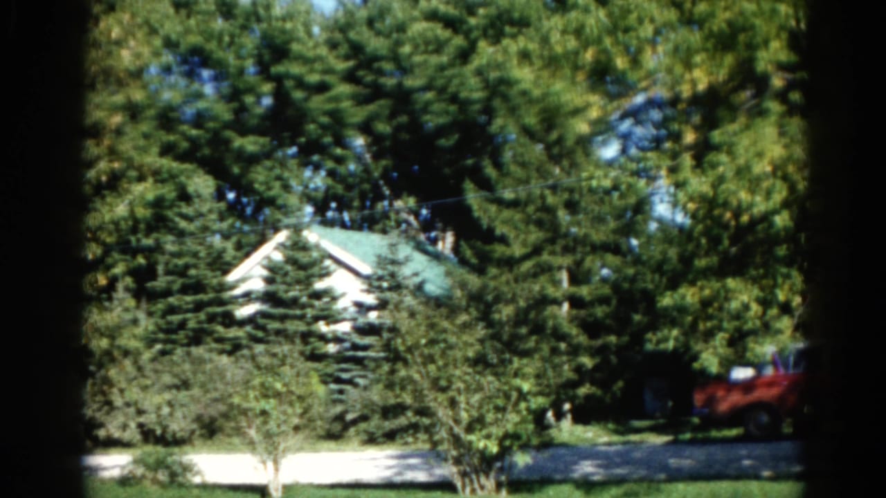 Static shot of white house with green gabled roof behind dense summer tree canopy; red vehicle partially visible at right.