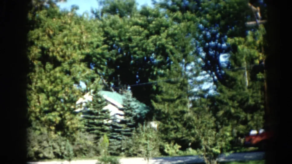 1962 Illinois home movie: suburban house with green roof behind full-leaf trees, red car at roadside, telephone pole visible above foliage.