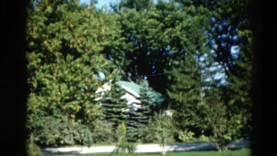 1962 Illinois home movie: white house with green roof largely hidden by mature trees, green lawn in foreground as camera drifts from earlier framing.