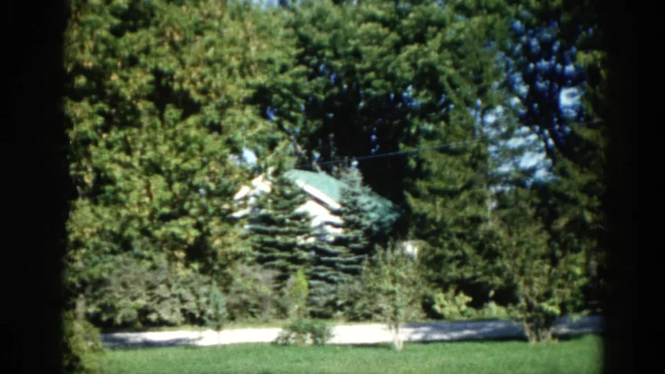 1962 Illinois home movie: suburban scene with lawn in foreground, dense trees, and house with green roof partially visible as the clip ends.