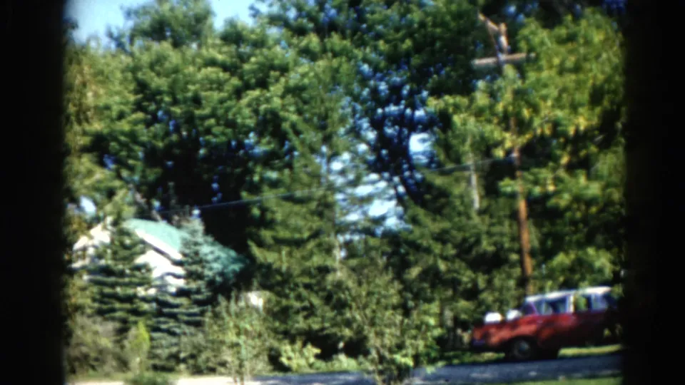 End of camera pan showing dense summer foliage, suburban houses, and red classic car at frame edge in an Illinois neighborhood, circa 1962.