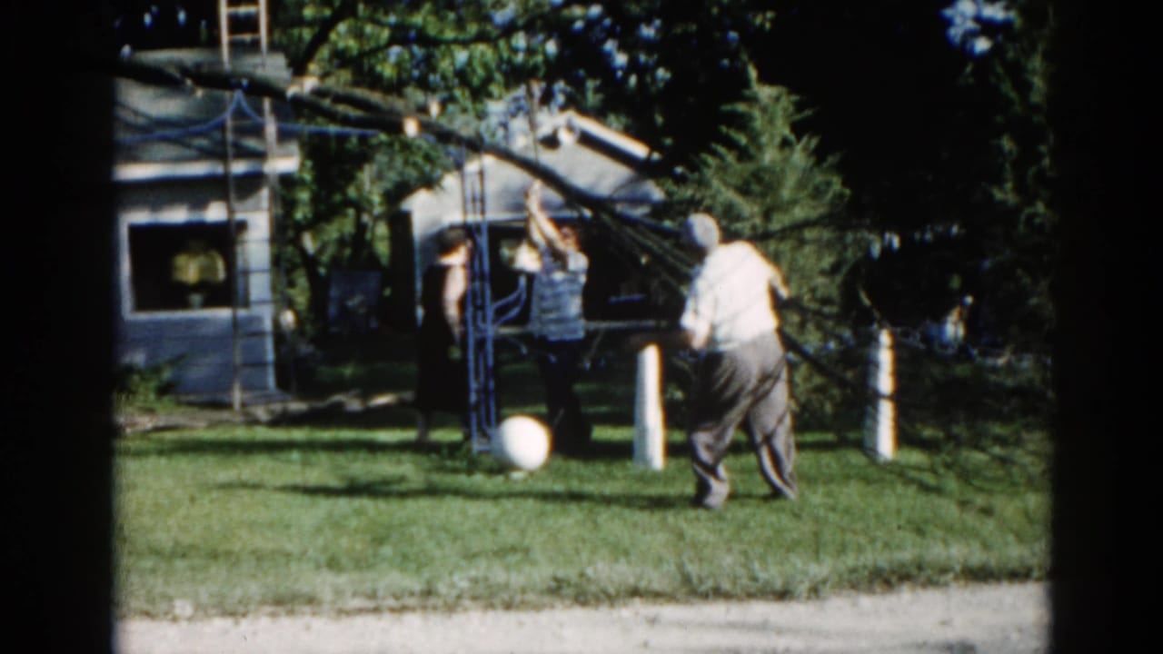 Two men working near a rope-assisted leaning tree in a suburban backyard; white ball on grass, house in background.