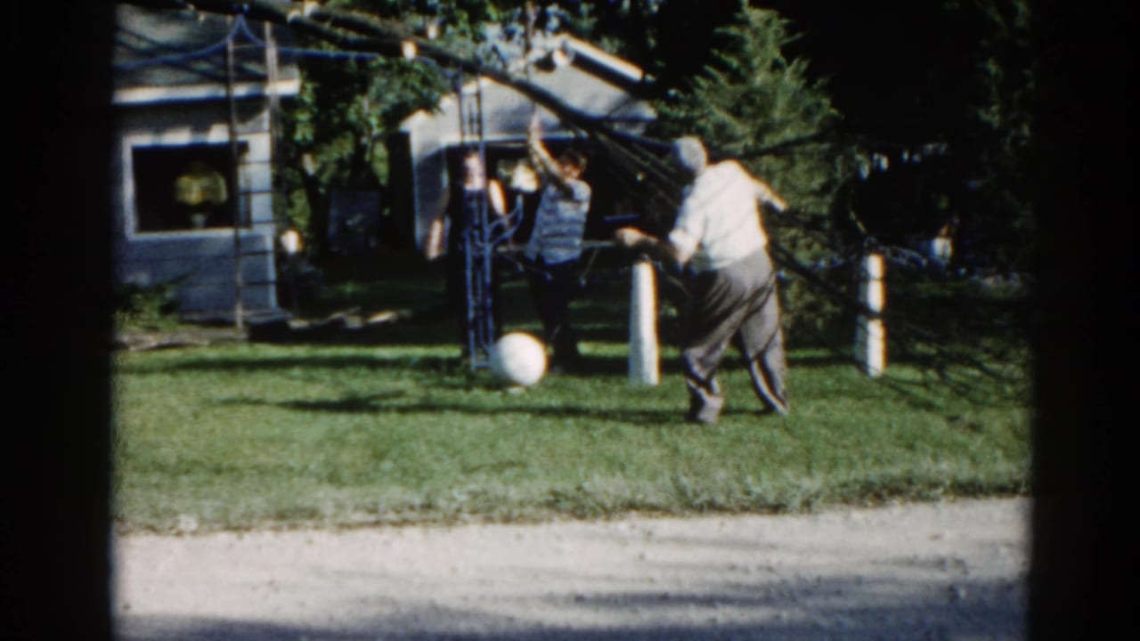 Man in white shirt and dark trousers reaches into a tree in a suburban backyard; white ball on grass, gray-sided house in background.