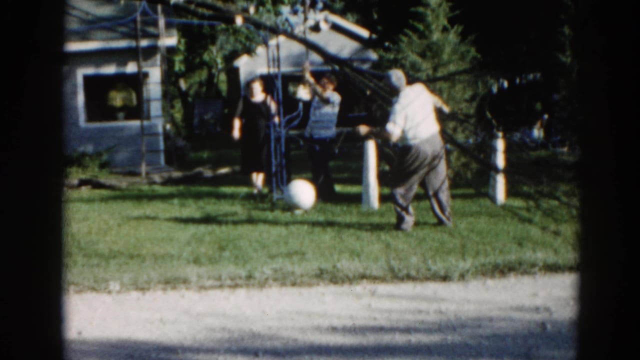 Man in white shirt reaches into tree while woman in dark clothing stands nearby; white ball on lawn, house visible in background.
