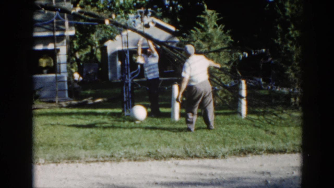 Man in light-colored shirt seen from behind standing in yard, fallen tree branch arching overhead, white house and ball on lawn visible.