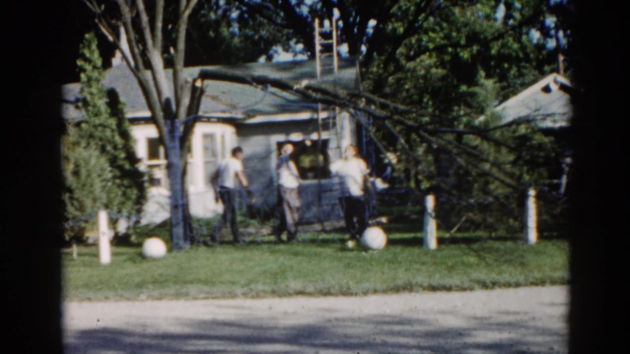 1962 Illinois suburban yard: men gathered near a fallen tree limb beside a mid-century ranch house with decorative white sphere posts and chain-link fence.