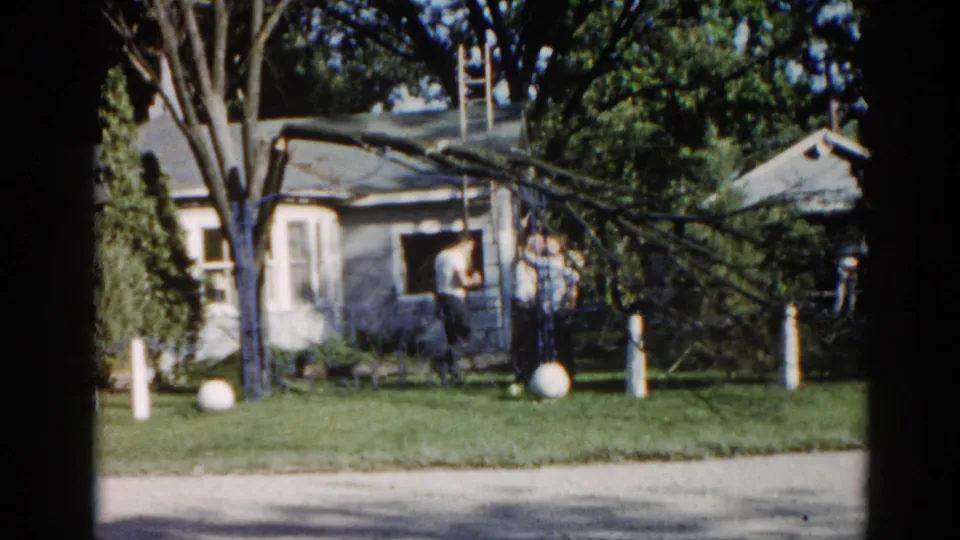 1962 Illinois: men with a ladder working to remove a storm-damaged tree limb in a suburban yard beside a mid-century ranch house.