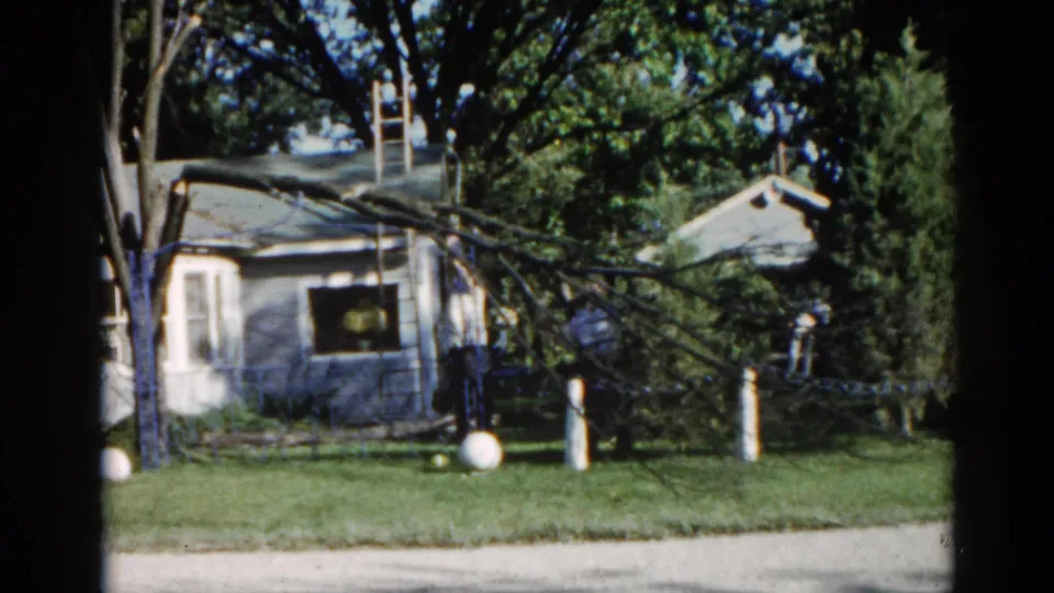 1962 Illinois suburban home: storm-damaged tree limb draped over ranch-style house roof, with decorative white sphere posts along the driveway and chain-link fence.
