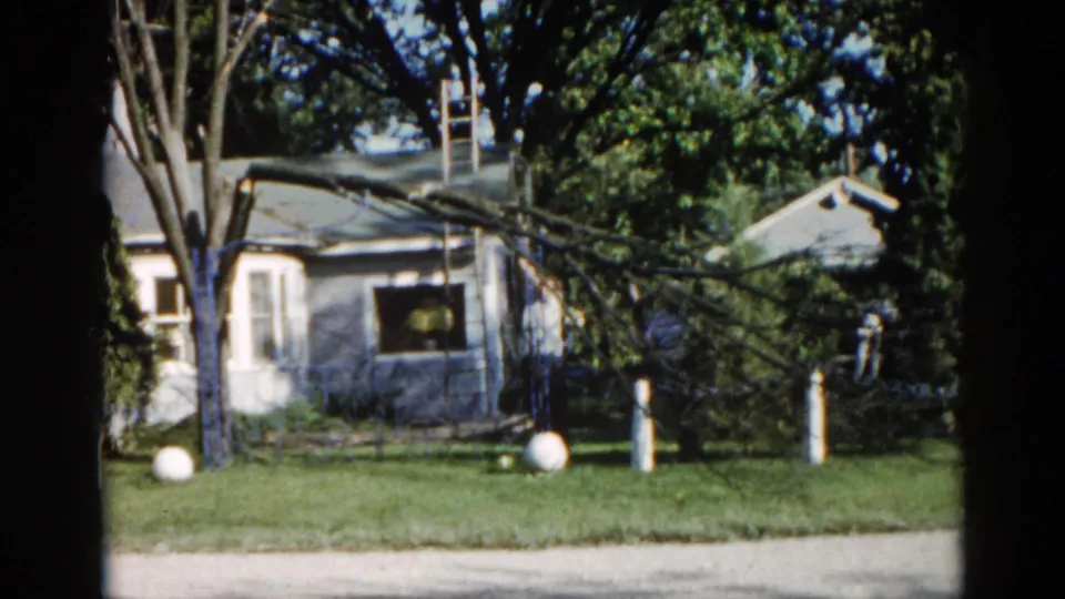 1962 Illinois: full extent of storm-damaged tree limb over a mid-century ranch house with white sphere posts, chain-link fence, and a single figure at frame right.