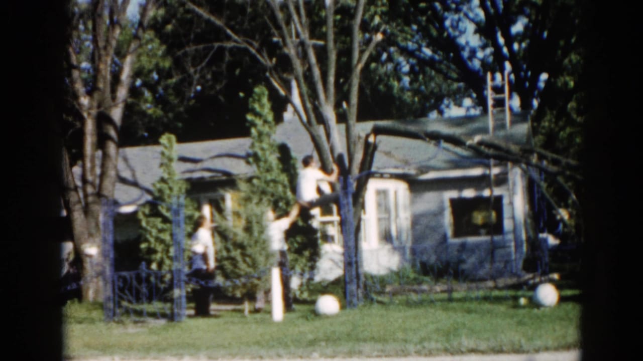 Two or three small figures near a large tree beside a single-story Illinois suburban house, with wooden ladder and pipe fence, 8mm film circa 1962.