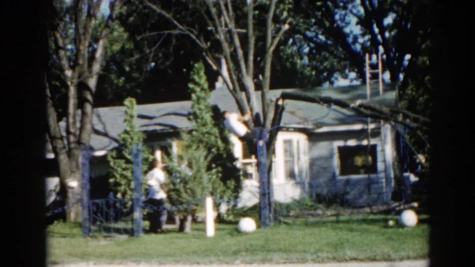Figure ascending a large tree beside a single-story Illinois suburban house, with another figure watching below, 8mm film circa 1962.