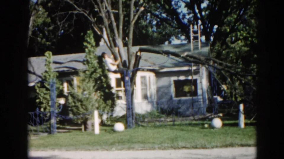Sunlit yard of a modest single-story Illinois suburban home with large tree, period ladder, decorative pipe fence, and small figures, circa 1962.
