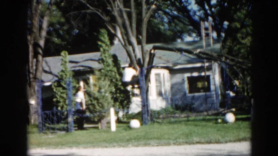 Suburban ranch house with lawn, ornamental shrubs, and power lines in an Illinois neighborhood, circa 1962; small figure present.