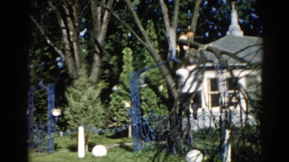 8mm frame from c. 1962 suburban Illinois backyard with white house, ornamental blue fence, globe lawn decorations, and what may be a person in the tree branches above.