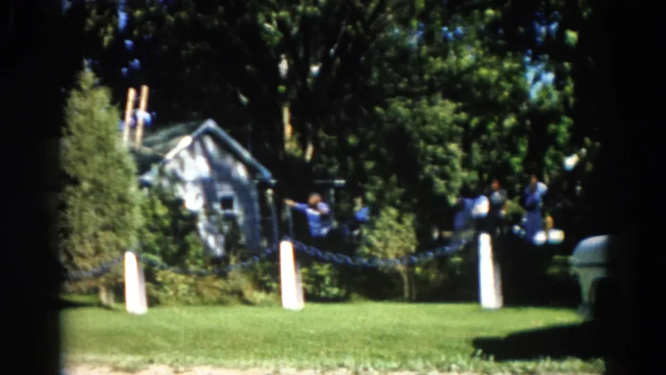 Tree-trimming work beside a two-story rural house in Illinois, circa 1962 — a figure elevated in branches with others assisting below.