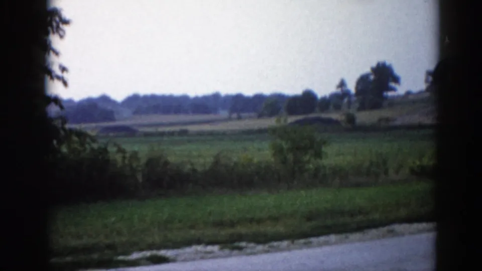 8mm home movie frame, Illinois 1962 — rural landscape viewed through a car window, green agricultural fields stretching to a tree-lined horizon under a pale overcast sky.