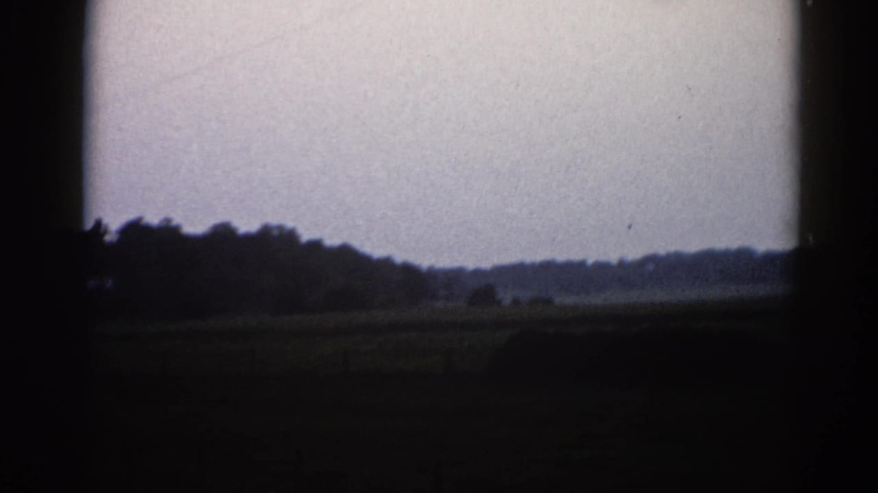 8mm frame of a flat rural landscape with tree line at the horizon and overcast sky, heavy dark film borders.