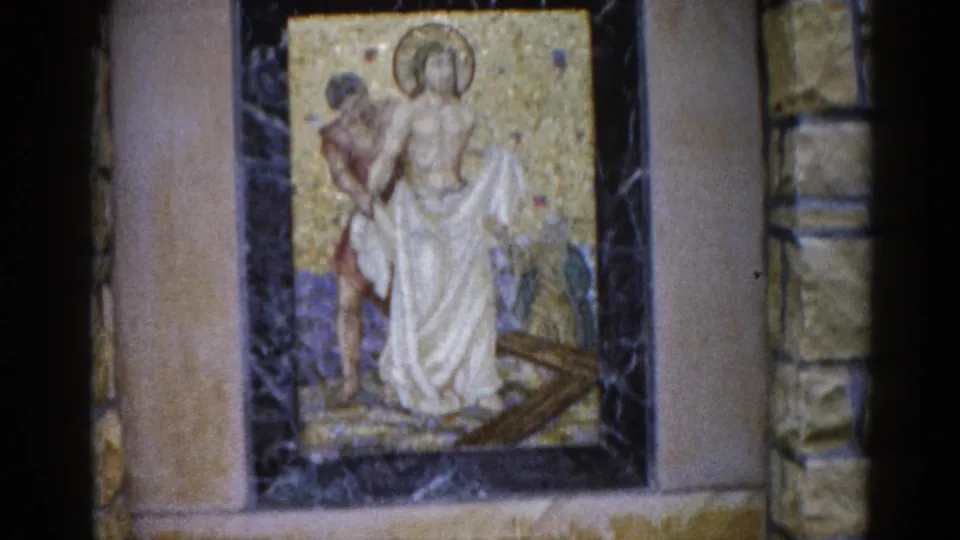 8mm film frame, 1962, Illinois: closing frame of the mosaic sequence, composition similar to preceding frame with warm aged color cast and visible film grain throughout.