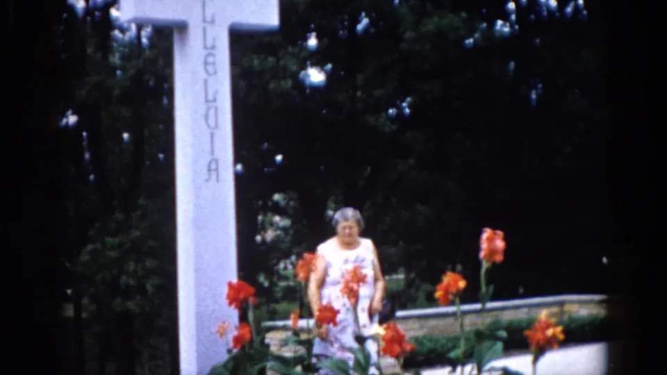Older woman in garden with tall orange-red flowers; inscribed white stone column with partial lettering prominent at left — Illinois, c. 1962.