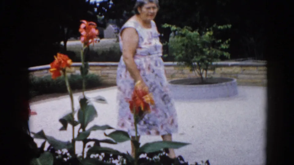 Older woman with an orange flower in a paved garden courtyard showing a circular planter and trimmed shrubs in a wider view — Illinois, c. 1962.