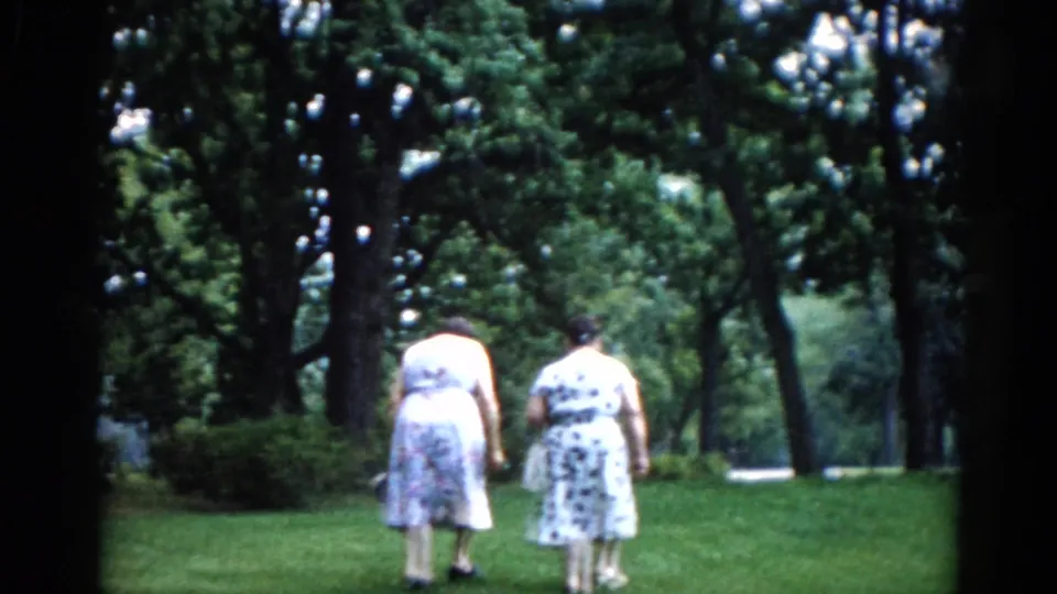 Two women in mid-calf summer dresses walking away across a green lawn under mature trees — 8mm home movie, Illinois, 1962.