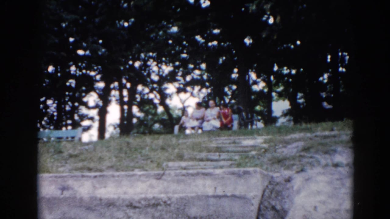 Same two figures on terraced stone steps in Illinois park, circa 1962; framing unchanged from 0:00, indicating a held static shot.
