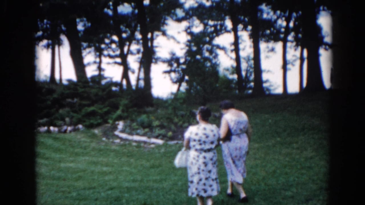 Two women in patterned dresses walking together across a green lawn viewed from behind, with a dense tree line and water visible in the background.