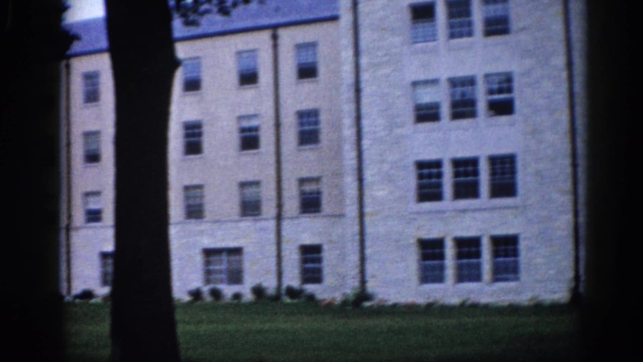Pan begins to reveal length of four-story institutional building on Illinois campus, circa 1962; flat roof, regular window grid, and manicured lawn visible through foreground trees.