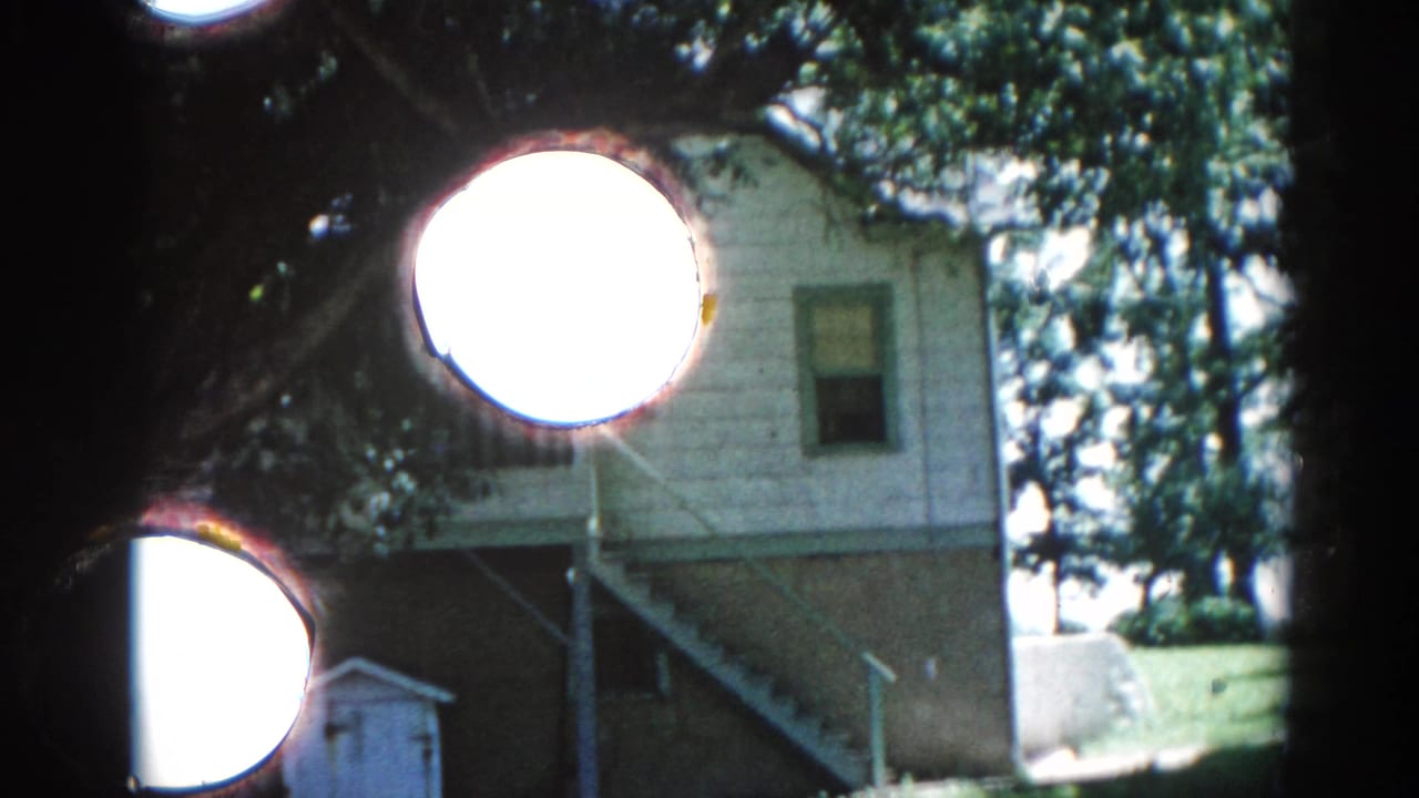 Establishing wide shot of an Illinois backyard circa 1962: frame house with green-gray roof, rear stairs, shed, and mature deciduous trees.