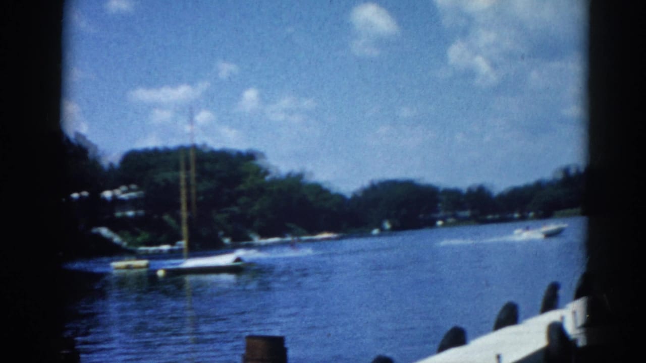 Wide lake view from dock, rubber tire bumpers along pier edge, open water with possible boat wake in distance, tree-lined far shore, partly cloudy sky.