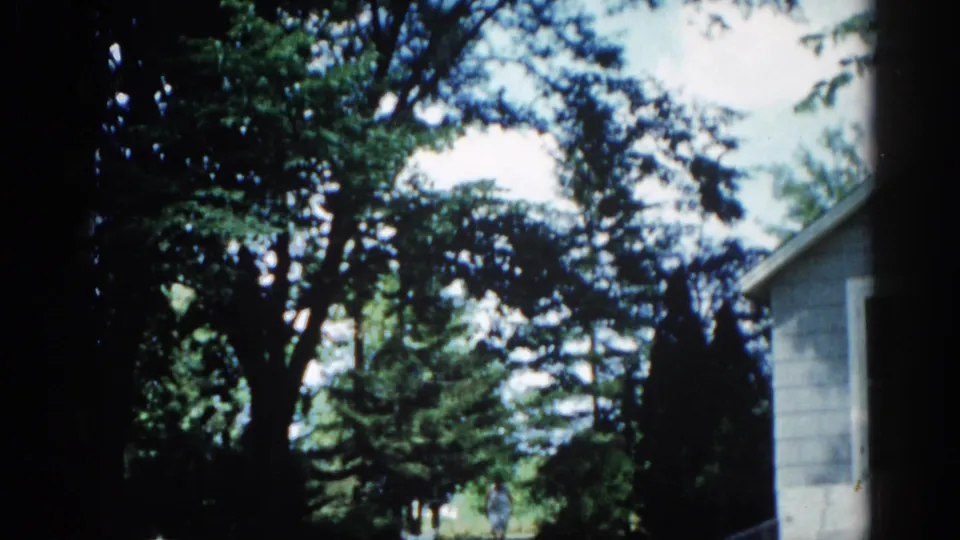 Final 8mm frame, Illinois circa 1962; trees and residential house eave with figure in light clothing more visible toward right edge.
