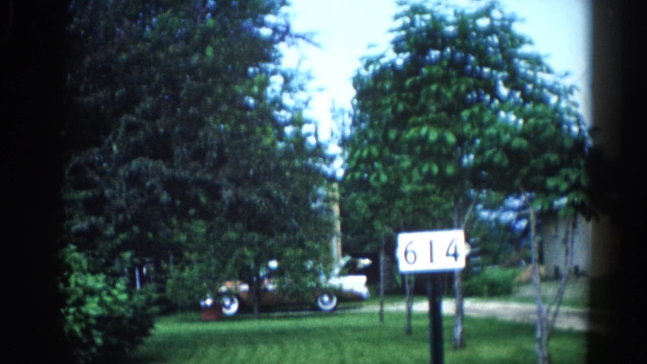 Suburban front yard in Illinois, circa 1962 — address sign '614' on a post, early-1960s American car with whitewall tires, framed by mature deciduous trees.