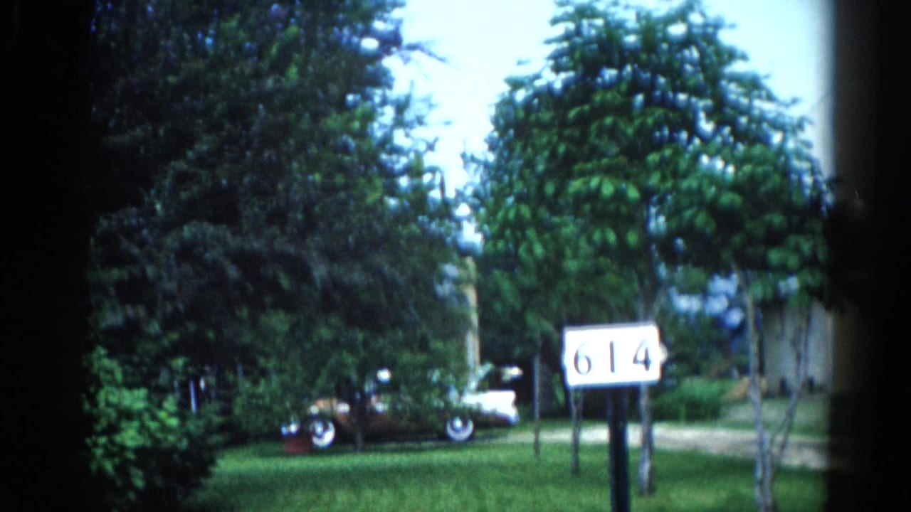 White address sign reading '614' on a post in a front yard, with mature trees and a light-colored car partially visible behind foliage.