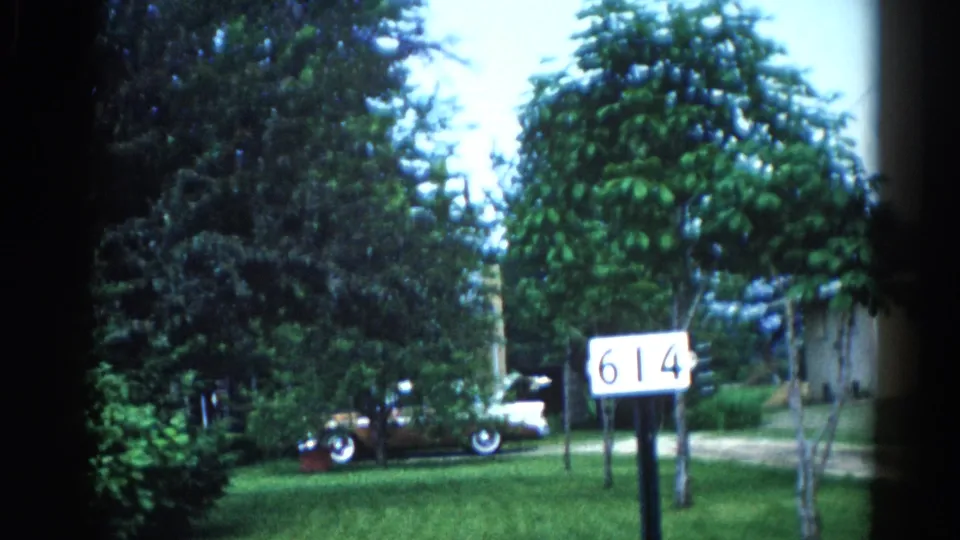 White '614' address sign on a post in lower frame, large mature trees dominating the mid-ground, and a light-colored 1950s-era automobile partially visible behind foliage; 8mm, Illinois, 1962.