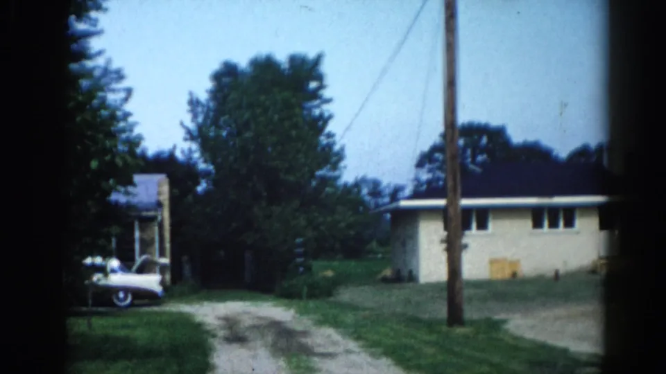 Wider view of an Illinois suburban property circa 1962 showing a ranch house, white automobile, utility lines, and summer foliage.