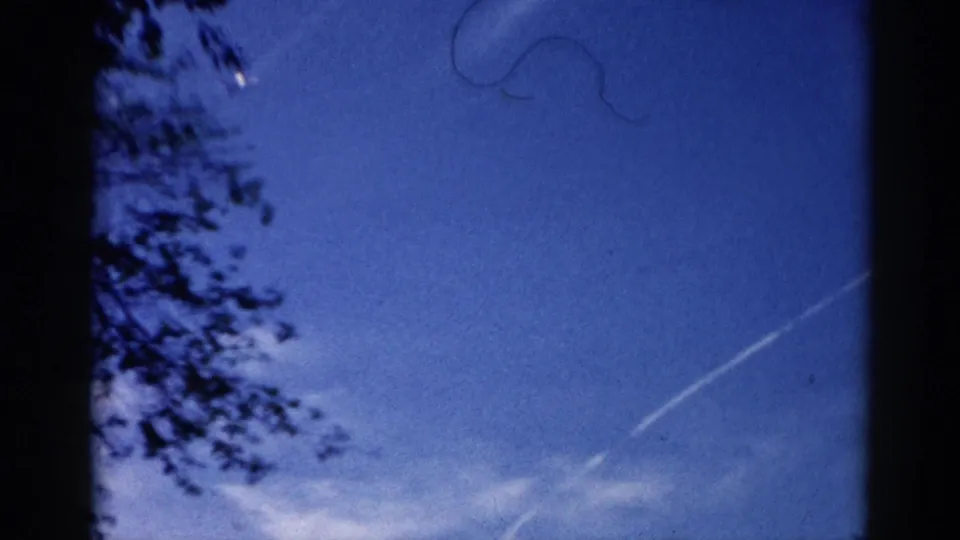 8mm home movie frame circa 1962, Illinois — tree silhouette and diagonal jet contrail with visible film scratch marks from original stock.
