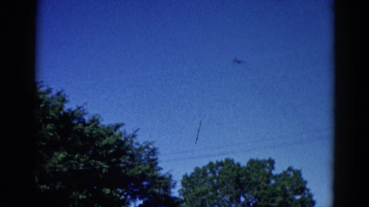 Deep blue sky above a deciduous treeline; small aircraft silhouette visible upper right; diagonal power lines cross the sky.