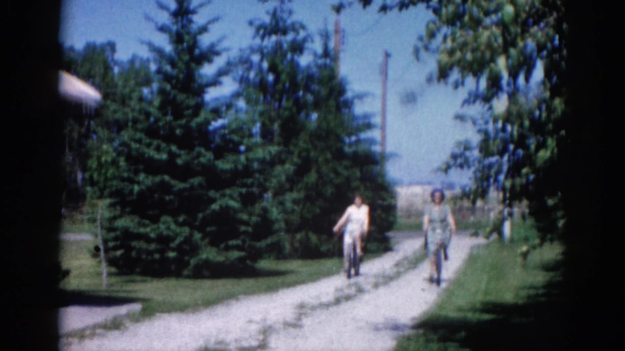 Two women in dresses ride bicycles side-by-side on a gravel lane toward camera; tall conifers and blue sky in background.