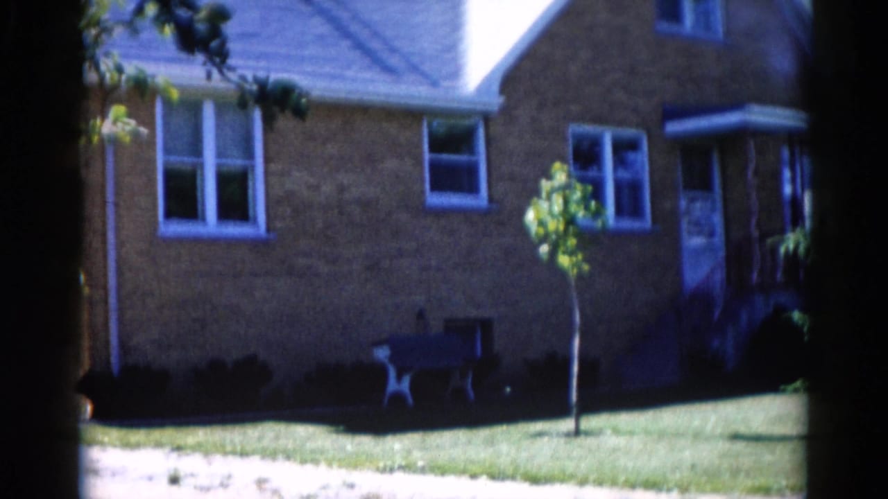 Red brick house with white-trimmed windows; a young planted sapling in the front lawn with a white lawn chair nearby.
