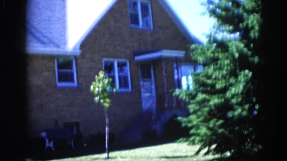 8mm home movie, c.1962 Illinois: mid-pan frame showing large mature evergreen at left, young planted sapling at center, and brick house porch entry at rear.
