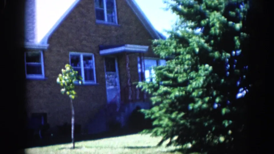 8mm film frame, c.1962 Illinois: end of slow pan showing mature evergreen beside the young planted sapling, brick house behind, outdoor chairs at lower left.