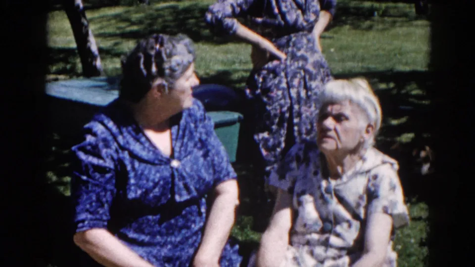 Two women in early-1960s patterned house dresses in conversation in a suburban backyard, with a third figure partially visible, Illinois circa 1962.