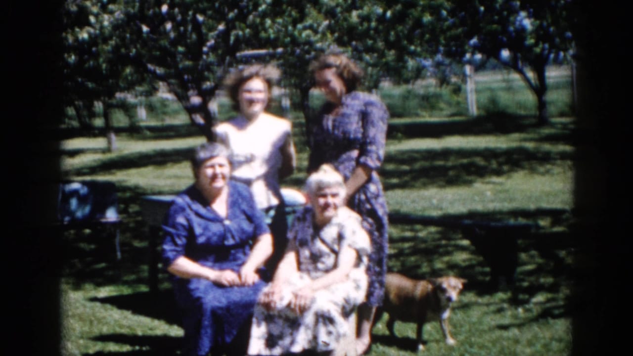 The same four-generation group in an Illinois backyard, c. 1962; a slight camera reframe brings the seated older women into sharper prominence, small dog at right.