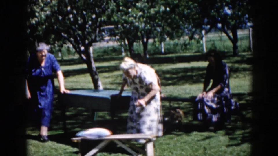 Elderly women in early-1960s house dresses, including a blue shift and a floral print, set up a picnic table on a green lawn beneath leafy trees, Illinois, circa 1962.
