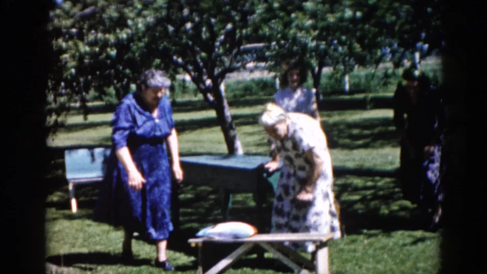Two elderly women at a green picnic table in a leafy park wearing early-1960s casual dresses, with a third figure visible in the background, Illinois, circa 1962.