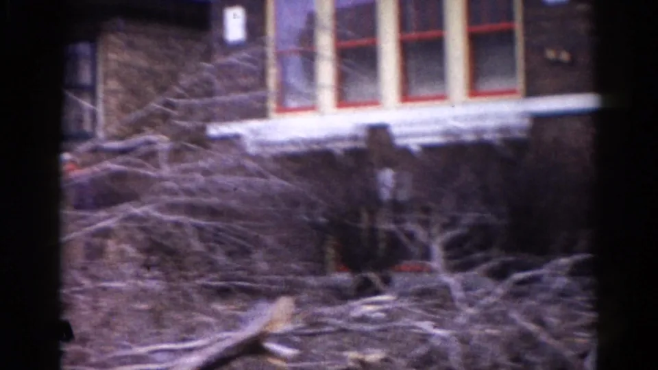 8mm film frame showing a building with tall windows in red frames, dense bare brush or fallen branches in foreground; location consistent with Illinois, circa 1962.