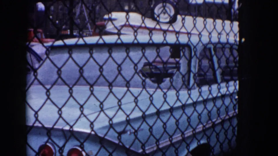Continuing fence-and-vehicle view on 8mm; light-colored American car body visible through chain-link with red reflectors, Illinois, circa 1962.