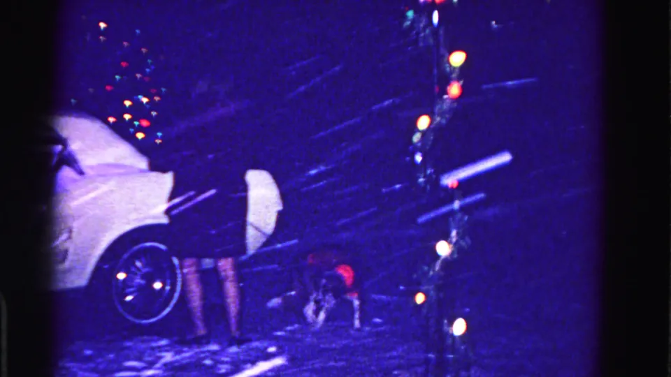 Woman beside open door of a white early-1960s American sedan with white-wall tires, dog at her feet, Christmas lights on a post in the snowy night, Hagerstown, Maryland, 1962.