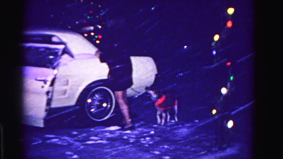Woman coaxing a small red-vested dog toward the open door of a white 1960s American sedan on a snowy night, Christmas lights in the background, Hagerstown, Maryland, 1962.