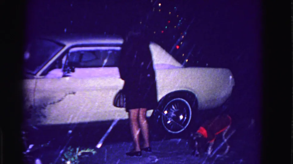 Lower body of a woman in dark skirt and heels alongside a white early-1960s car on a snowy night; small dog in red coat and bokeh Christmas lights visible, Hagerstown MD ca. 1962.